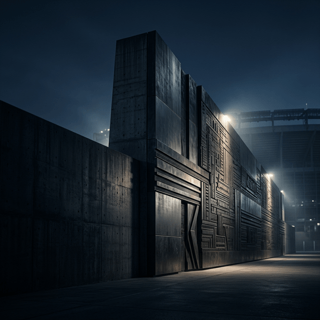 A floodlit engraved wall rising into the night.