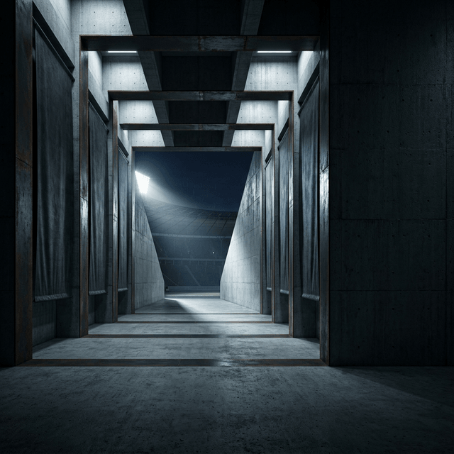 A dark stadium wall concourse lined with banners and lights.
